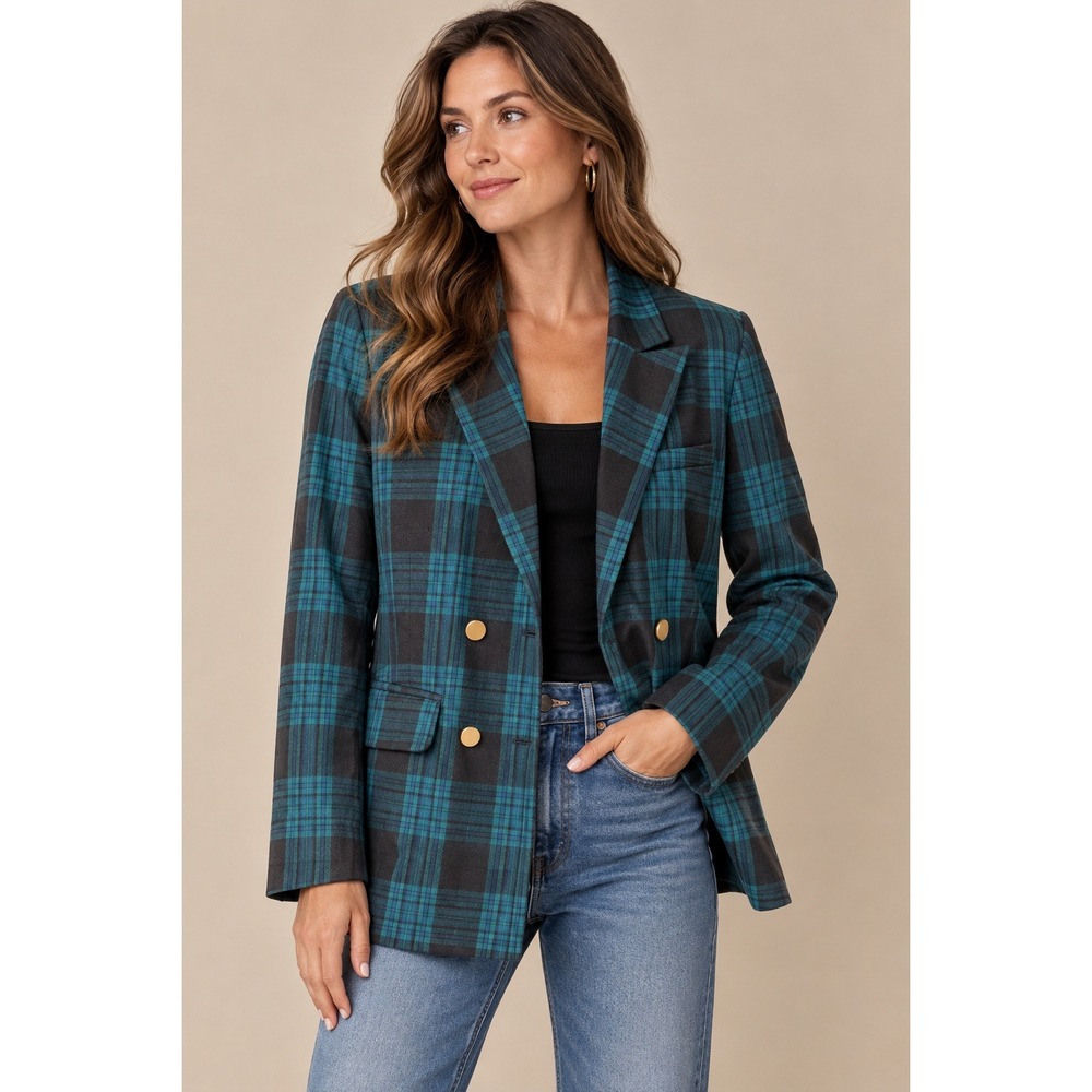 Free Assembly Womens Blazer S Teal Black Plaid Double Breasted Gold Buttons